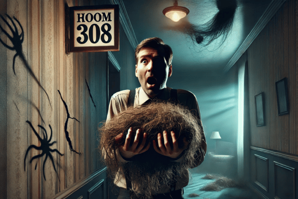 ホテル関西308号室で大量の髪に恐怖する男性のイラスト