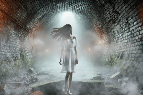 トンネル内に立つ白い服の女性の幽霊のイメージ画像