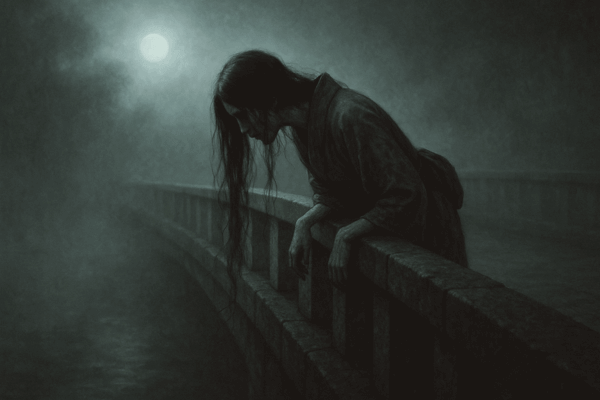 言問橋で川を覗き込む女性のホラーイメージ