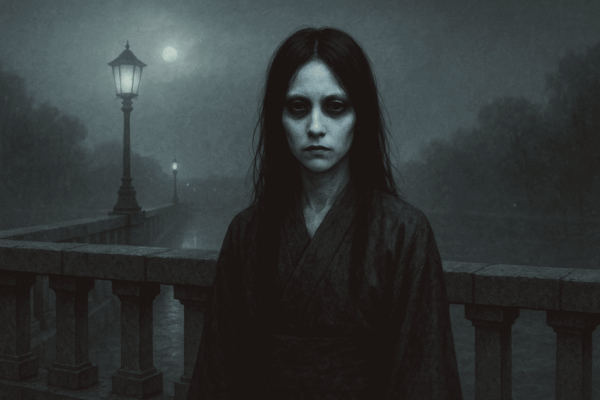 言問橋の欄干の前に佇む青白い女性のホラーイメージ