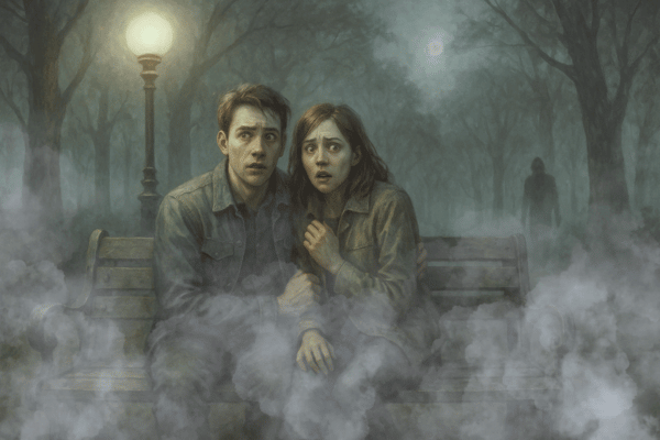 夜の公園の不気味な雰囲気や謎の人影に怯えるカップルのイメージ画像