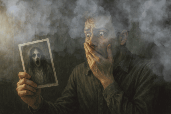 心霊写真を見て驚く男性のイメージ画像です