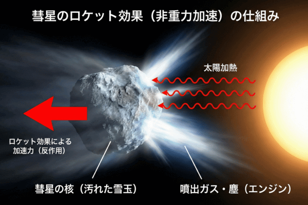 通常の彗星のロケット効果と3Iアトラスの比較図