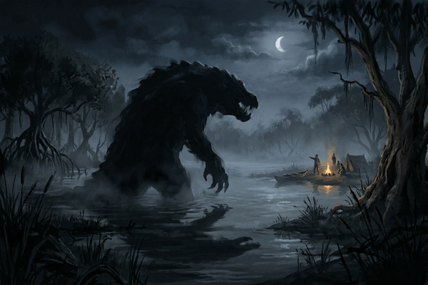 水辺から出現するバニップらしき怪物の影（イメージイラスト）